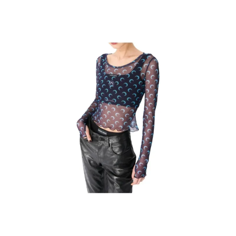 Marine Serre Moon Printed Mesh Second Skin Cropped Top 'Navy'-4