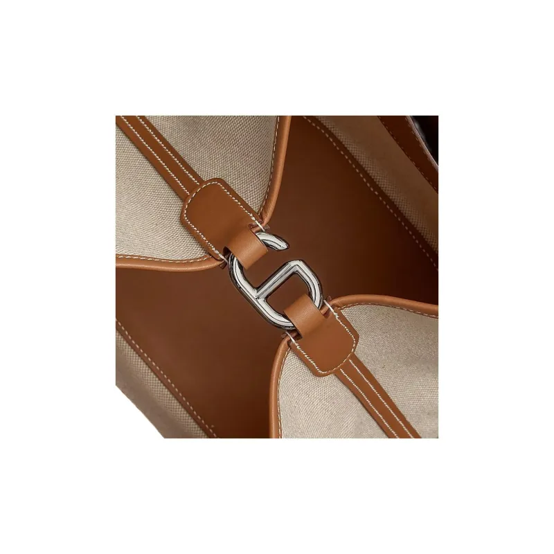 HERMES Canvas With Swift Calfskin Canvas Bag, Bucket Bag, Handbag Women's Light Beige & Beige & Gold-5