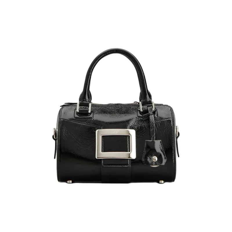 Roger Vivier Belle Vivier Lacquered Finish Calfskin Bowling Bag One Shoulder Handbag Mini Women's Black-0