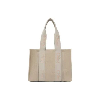 Chloe Woody Linen Canvas With Calfskin Tote Bag, Shopping Bag, Handbag Women's Vintage Khaki