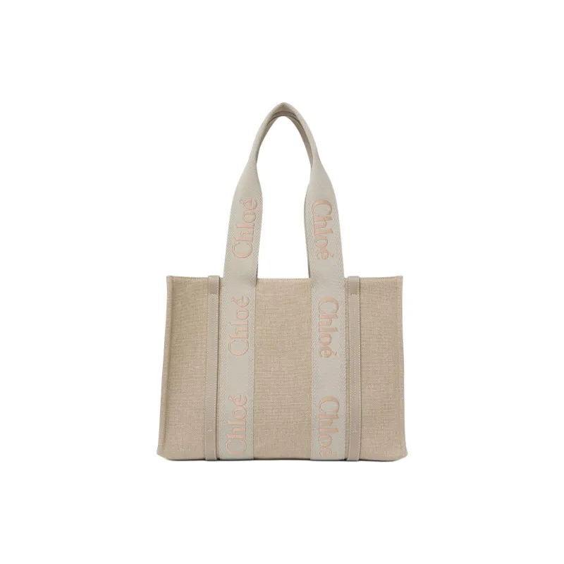 Chloe Woody Linen Canvas With Calfskin Tote Bag, Shopping Bag, Handbag Women's Vintage Khaki-0