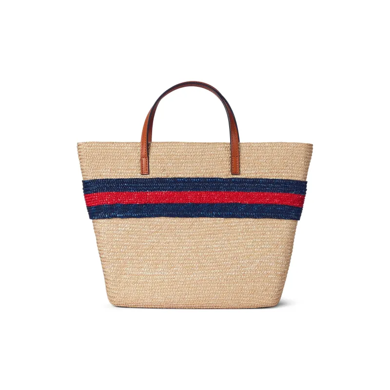 GUCCI Straw With Leather Tote Bag Shopping Bag Handbags Kids' Beige & Blue With Red Accents-3