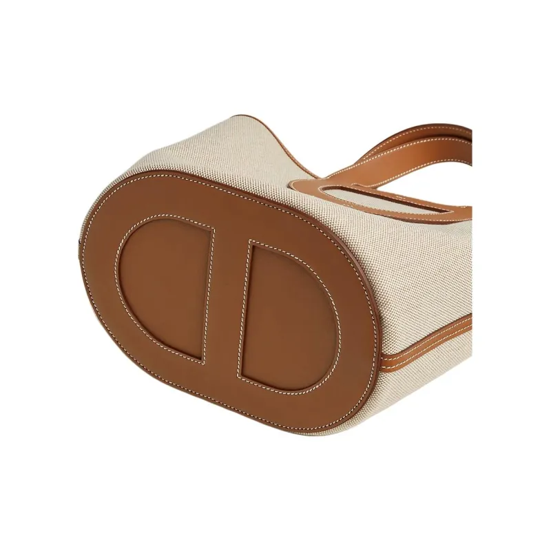 HERMES Canvas With Swift Calfskin Canvas Bag, Bucket Bag, Handbag Women's Light Beige & Beige & Gold-4