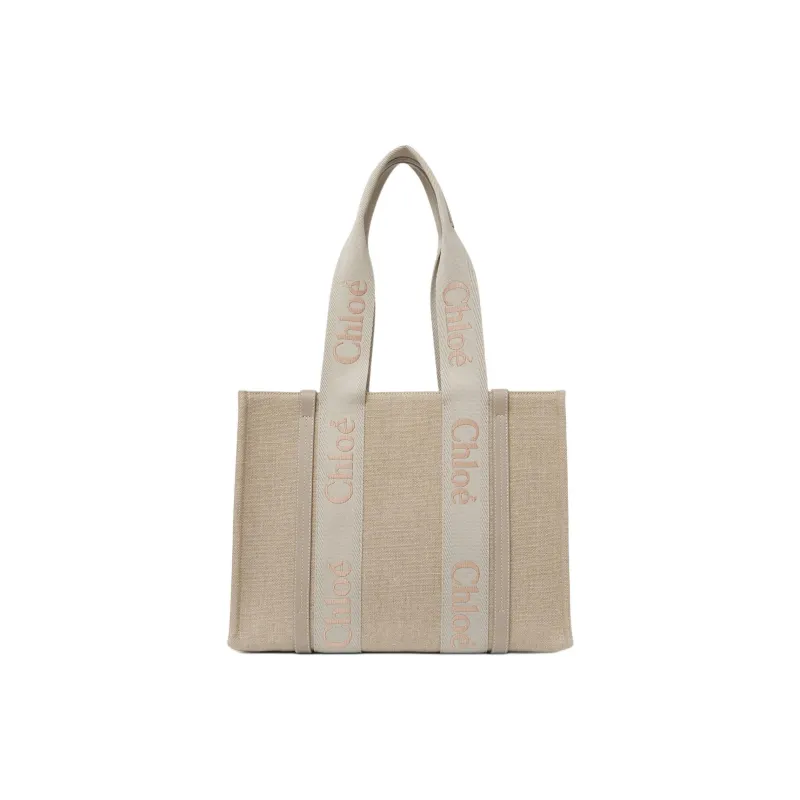 Chloe Woody Linen Canvas With Calfskin Tote Bag, Shopping Bag, Handbag Women's Vintage Khaki-2