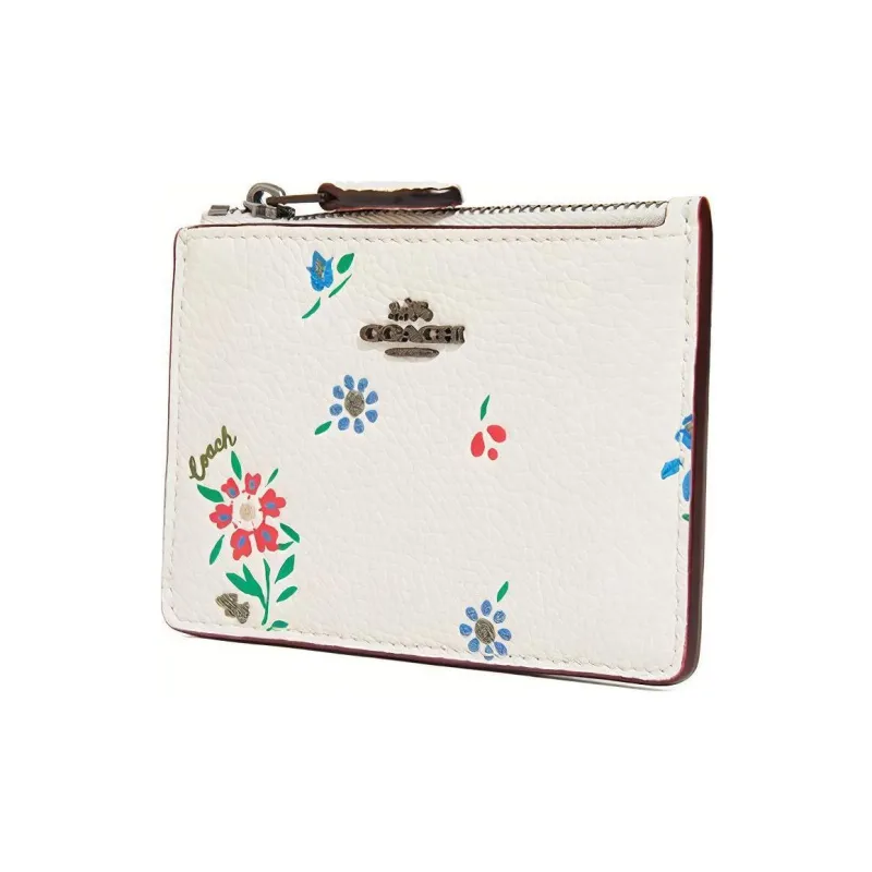 COACH Skinny Id Case Pebbled Leather Keychain Card Holder Wallet Mini Women's White-1