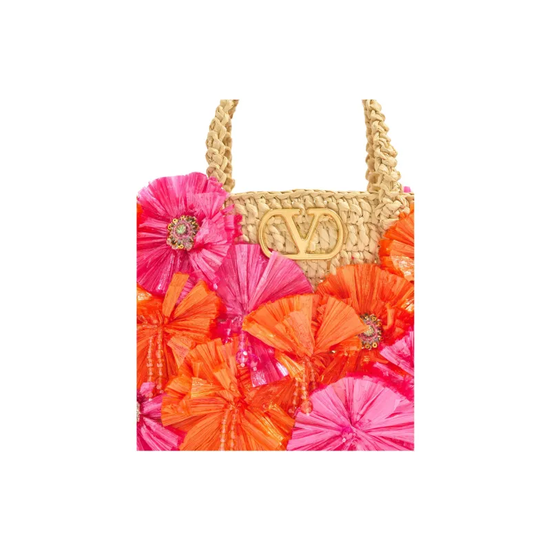 Valentino Raffia Tote Bag, Shopping Bag, Shoulder Bag, Handbag Small Size Women's Natural & Red-5