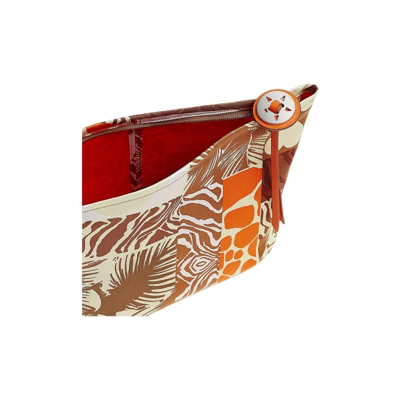 HERMES Silk Makeup Bag Regular Women's Chestnut & Mugwort Green & Orange-2