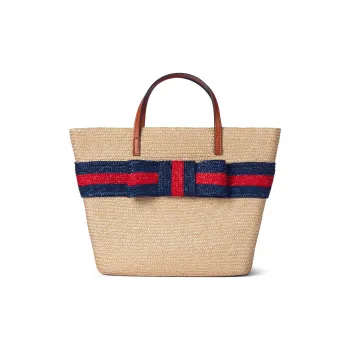 GUCCI Straw With Leather Tote Bag Shopping Bag Handbags Kids' Beige & Blue With Red Accents