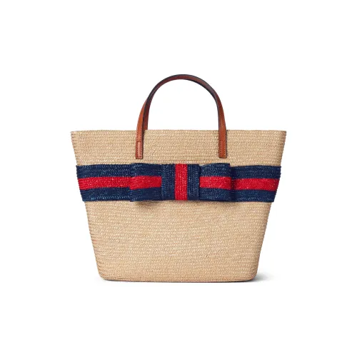 GUCCI Straw With Leather Tote Bag Shopping Bag Handbags Kids' Beige & Blue With Red Accents