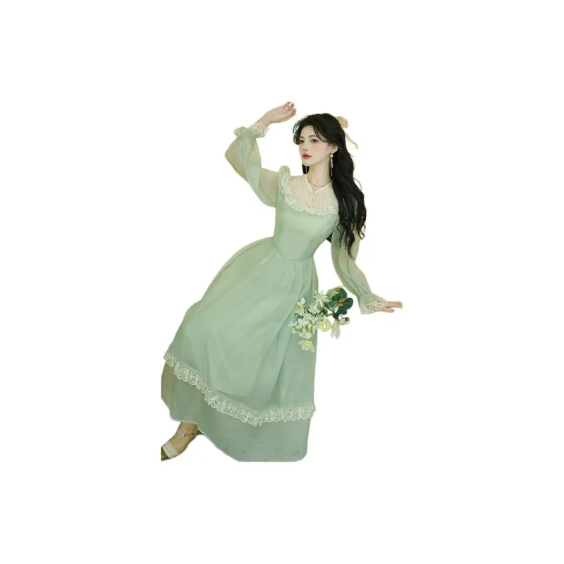 Long Sleeved Dresses Women's Green Single Item-3