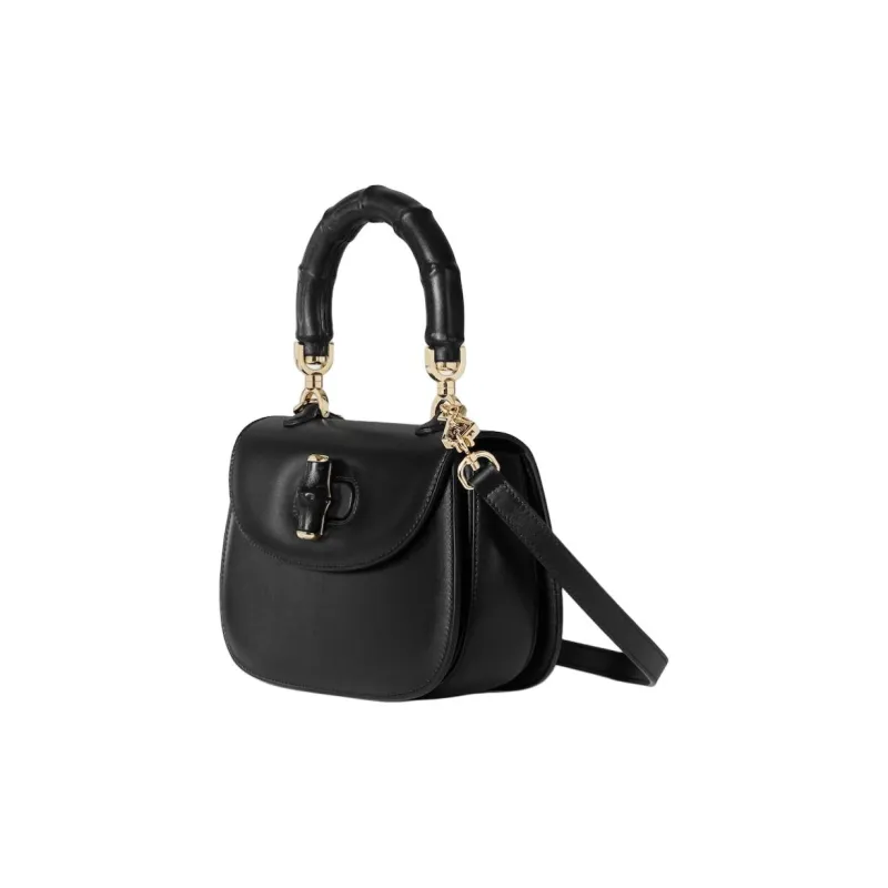 GUCCI Bamboo 1947 Soft Leather Shoulder Bag, Crossbody Bag, Handbag Trumpets Women's Black-1