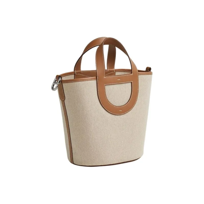 HERMES Canvas With Swift Calfskin Canvas Bag, Bucket Bag, Handbag Women's Light Beige & Beige & Gold-1