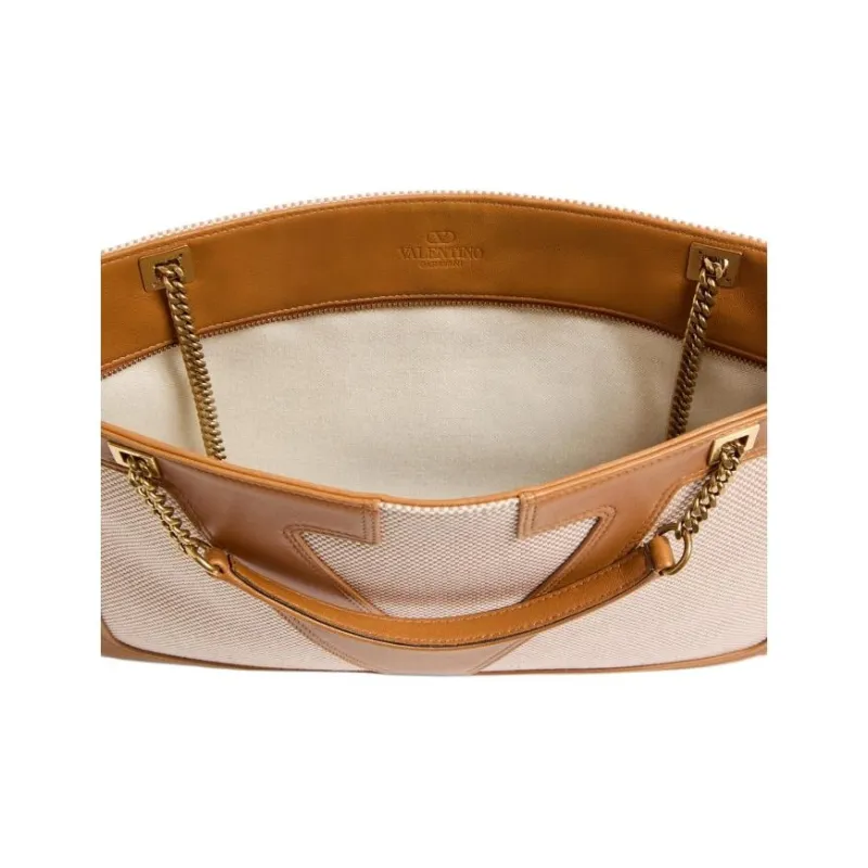 Valentino Canvas Tote Bag, Shopping Bag, Shoulder Bag Medium Size Women's Natural & Brown-6