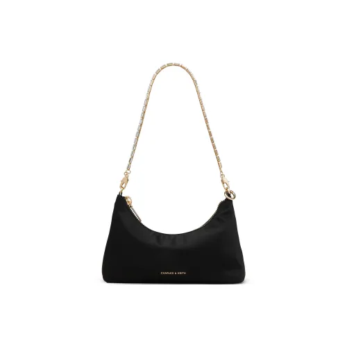 CHARLES&KEITH PU, Textile Mixture Shoulder Bag Small Size Women's Black/Dusk Silver