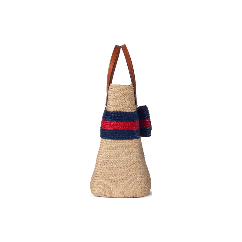 GUCCI Straw With Leather Tote Bag Shopping Bag Handbags Kids' Beige & Blue With Red Accents-2