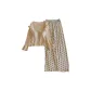 3368.4# Three-Piece Set, Custard Camisole+Custard Coat+Polka Dot White Pants