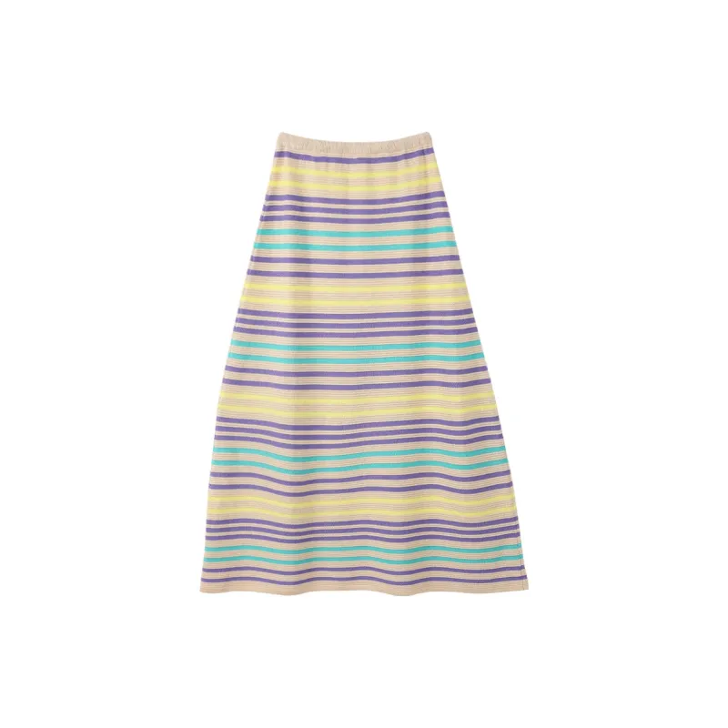TOUCH Casual Long Skirt Women's Green Purple Stripes-1