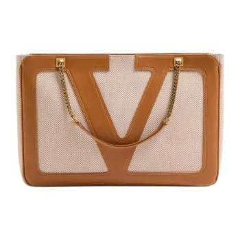 Valentino Canvas Tote Bag, Shopping Bag, Shoulder Bag Medium Size Women's Natural & Brown