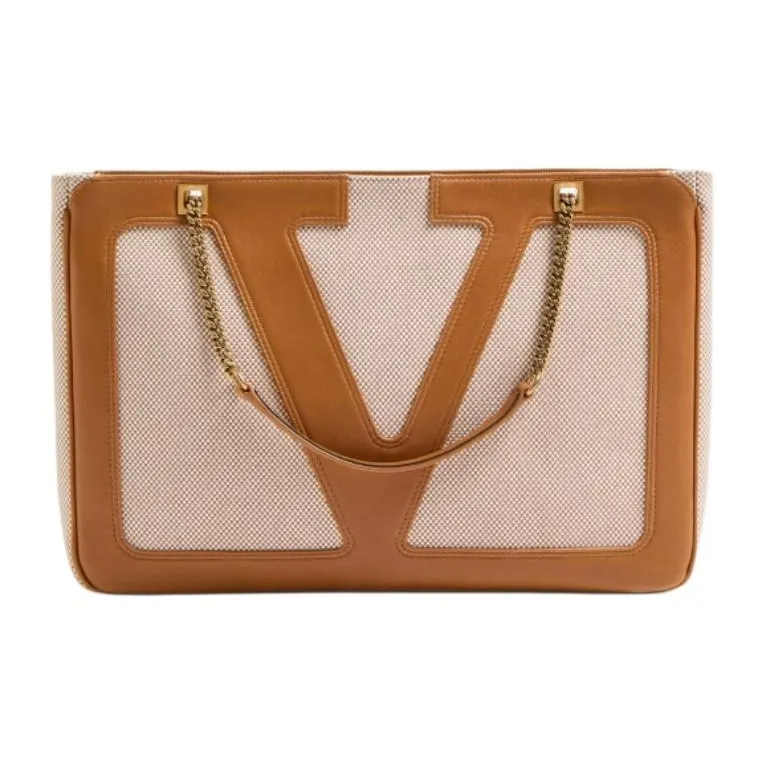 Valentino Canvas Tote Bag, Shopping Bag, Shoulder Bag Medium Size Women's Natural & Brown-0