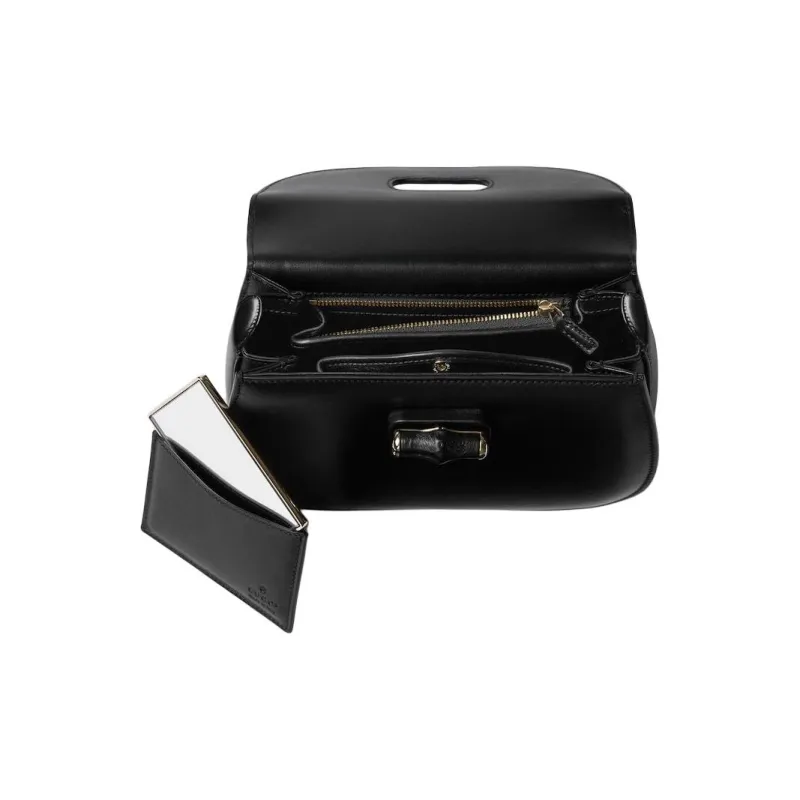 GUCCI Bamboo 1947 Soft Leather Shoulder Bag, Crossbody Bag, Handbag Trumpets Women's Black-4