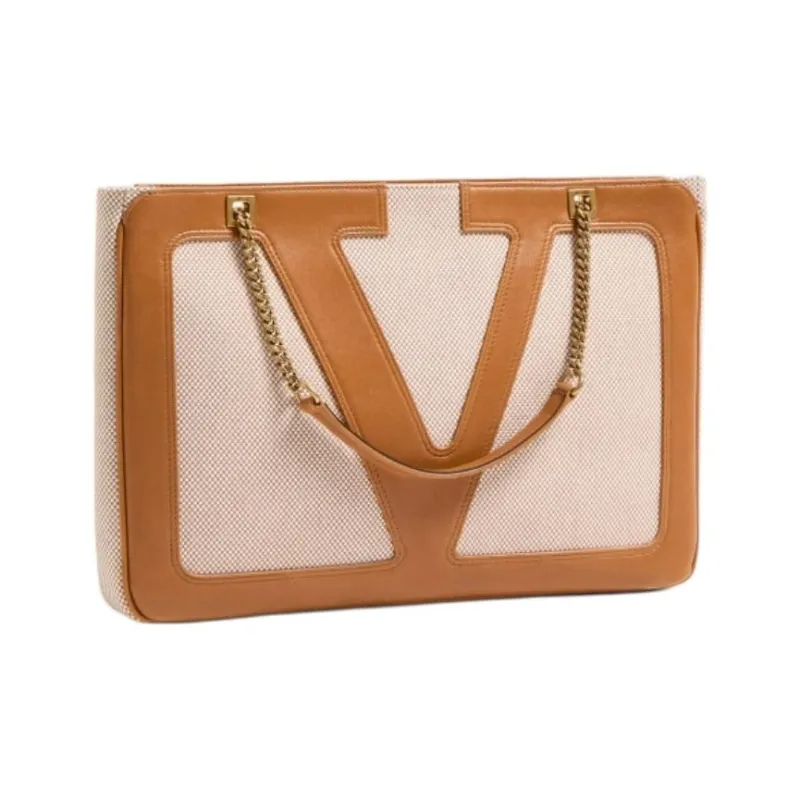 Valentino Canvas Tote Bag, Shopping Bag, Shoulder Bag Medium Size Women's Natural & Brown-2