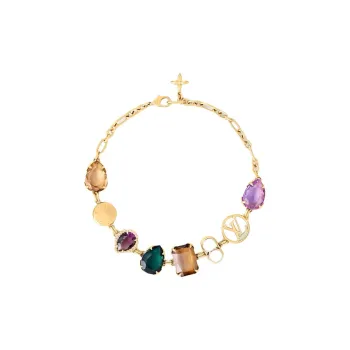 LOUIS VUITTON Synthetic Cubic Zirconia Resin Bead Metal Necklaces Women's Gold