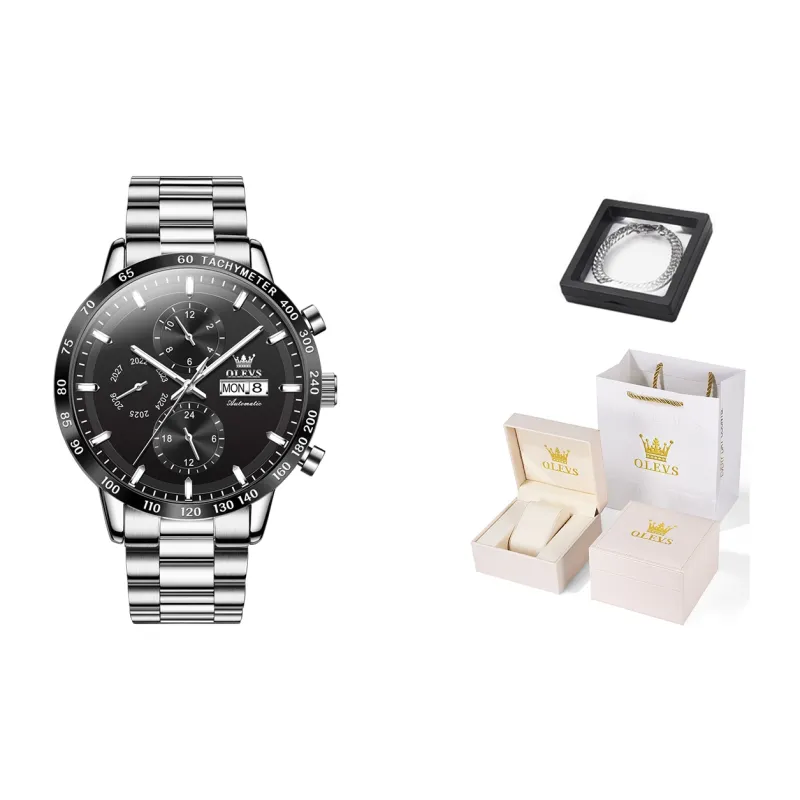 OLEVS Texture Multifunction Mechanical Movement Stainless Steel Watchband Watch Men's Watches Black Dial-7