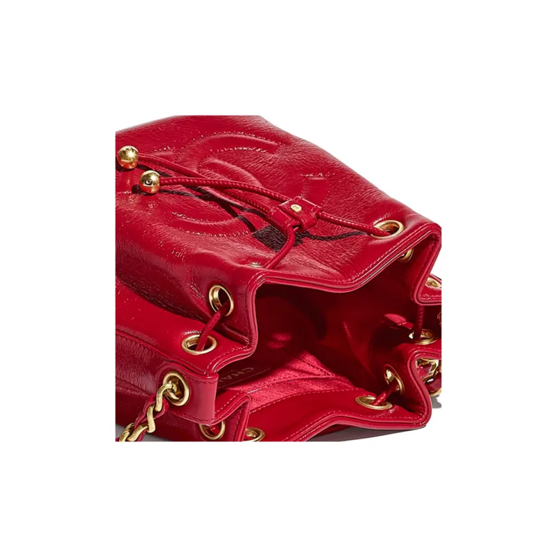 CHANEL Shiny Calfskin And Gold Metal Drawstring Bag Women's Red-4