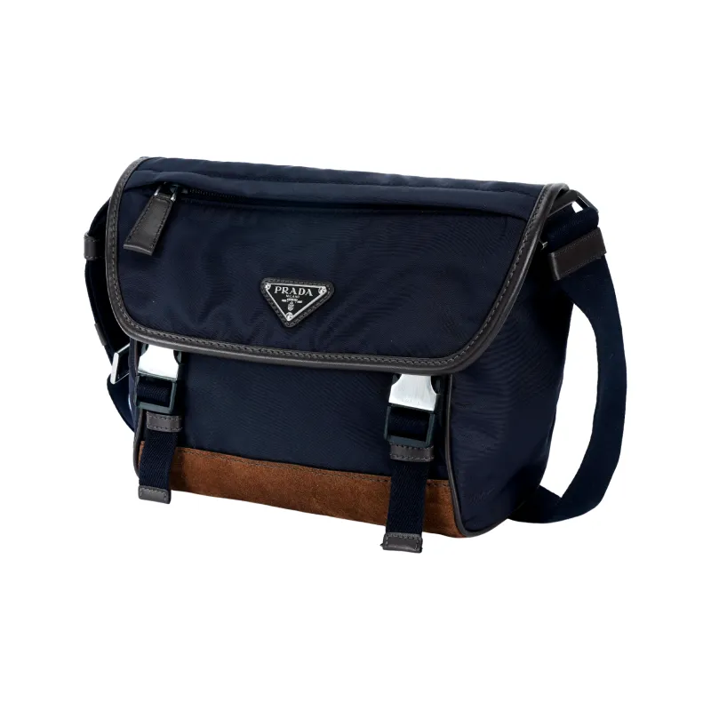 PRADA Recycled Nylon Shoulder Bag Trumpets Men's Blue & Coffee-3