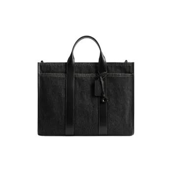COACH Denim With Refined Calfskin Tote Bag, Shopping Bag, Shoulder Bag, Handbag Tubas Men's Washed Black