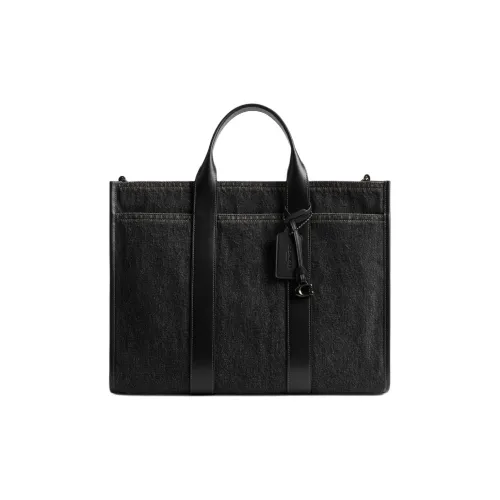COACH Denim With Refined Calfskin Tote Bag, Shopping Bag, Shoulder Bag, Handbag Tubas Men's Washed Black
