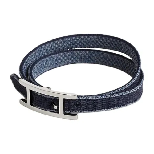HERMES Nylon Stainless Steel Leather Bracelets Men's Navy