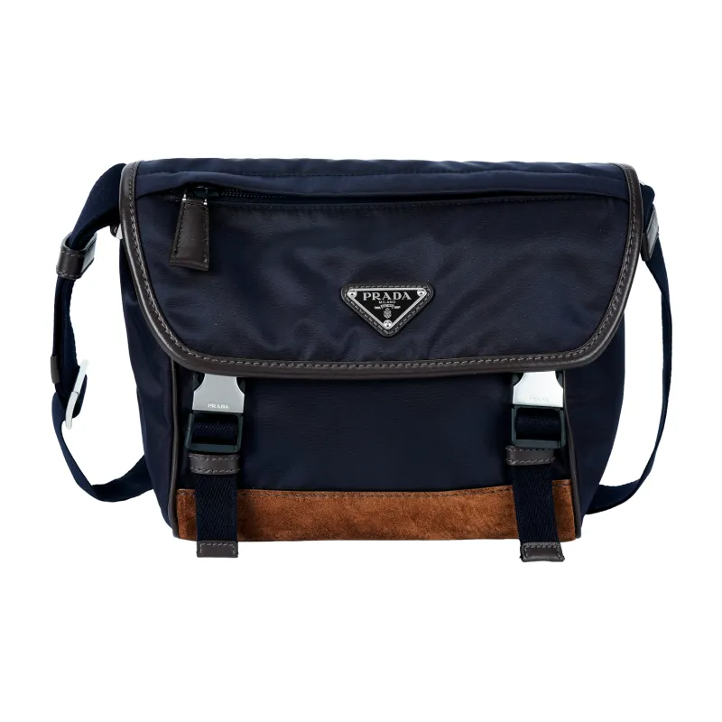 PRADA Recycled Nylon Shoulder Bag Trumpets Men's Blue & Coffee-1