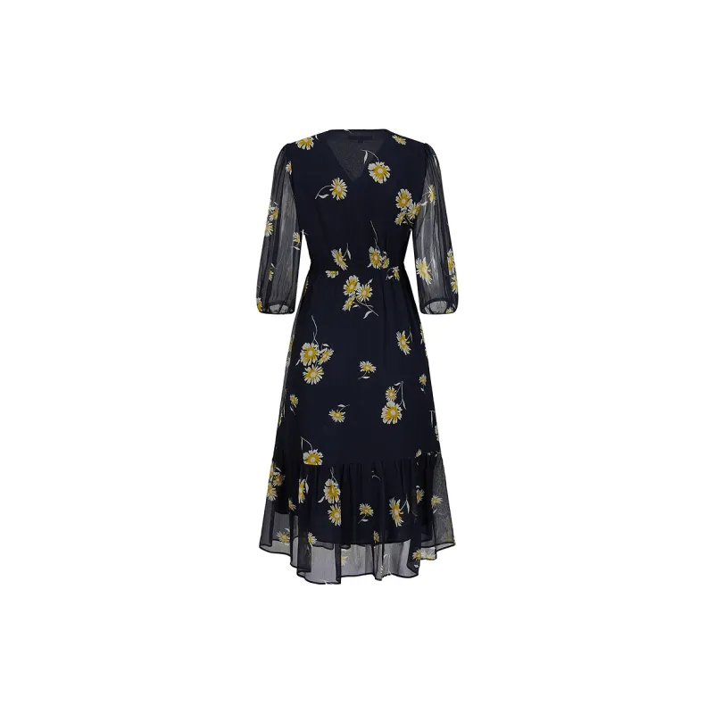 JZ. ANNAKRO Long Sleeved Dress Women's Floral Dark Blue-1