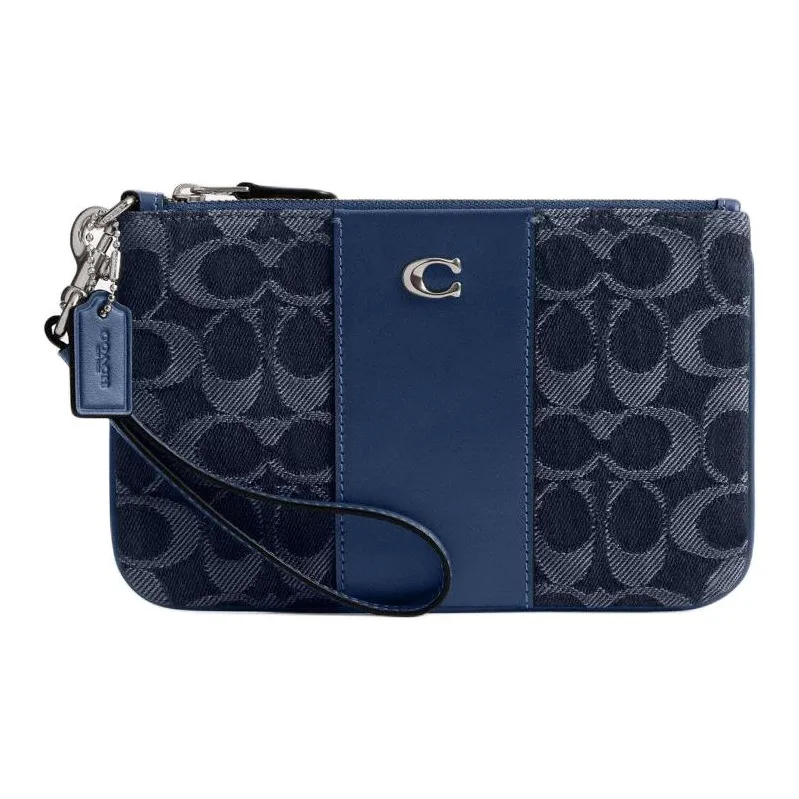 COACH Essential Denim With Refined Calfskin Leather Clutch Trumpets Women's Dark Blue & Mixed Color-0