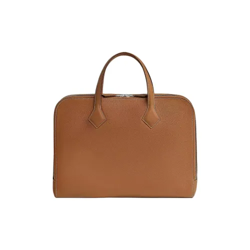HERMES Victoria Light Evercolor Calfskin Briefcases Men's 37 Gold Gold Brown