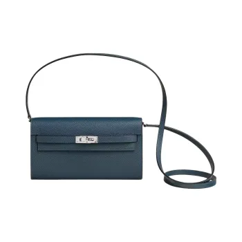 HERMES Kelly To Go Epsom Calfskin With Cordage Canvas Wallet Women's Prussian Blue & Cyan & Light Purple