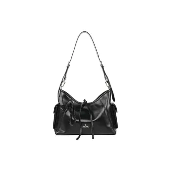Folli Follie Top Grain Cow Leather Commute Minimalist Style Shoulder Bag Medium Size Women's Black