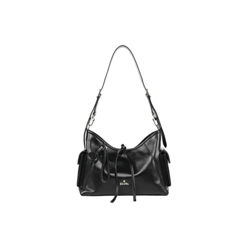 Folli Follie Top Grain Cow Leather Commute Minimalist Style Shoulder Bag Medium Size Women's Black-0