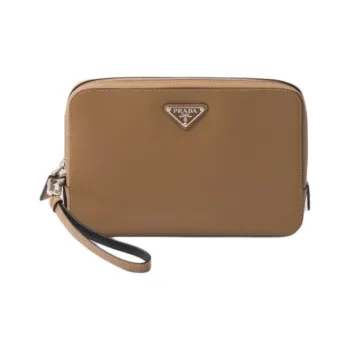 PRADA Saffiano Calfskin Clutch Men's Caramel