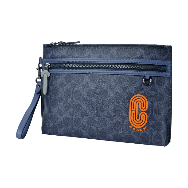 COACH Pouch Cowhide Patchwork Canvas Laptop Bag Briefcase Clutch Tubas Men's Midnight Blue-2