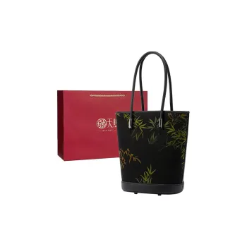 Pmsi Mulberry Silk Handbag Medium Size Women's Black Bamboo Leaf