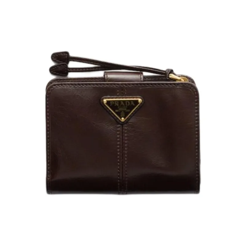PRADA Cow Leather Wallet Trumpets Women's Dark Brown-0