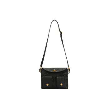 CHANEL Litchi Grain Cow Leather Handbag Shoulder Bag Crossbody Bag Large Size Women's Black