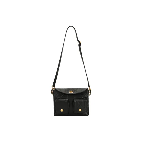 CHANEL Litchi Grain Cow Leather Handbag Shoulder Bag Crossbody Bag Large Size Women's Black