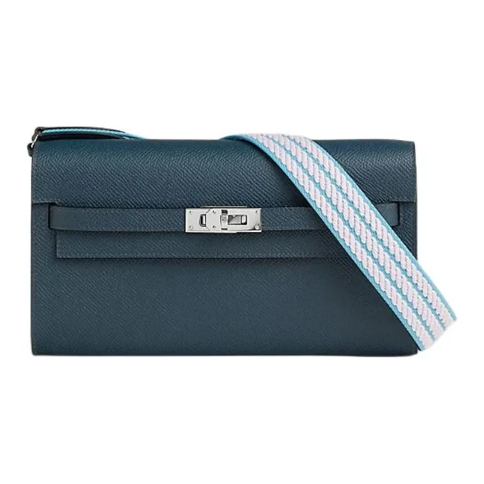 HERMES Kelly To Go Epsom Calfskin With Cordage Canvas Wallet Women's Prussian Blue & Cyan & Light Purple-1