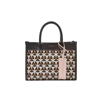 COCCINELLE Fabric Cow Leather Patchwork Tote Bag Shopping Bag Handbag Small Size Women's Bark Color