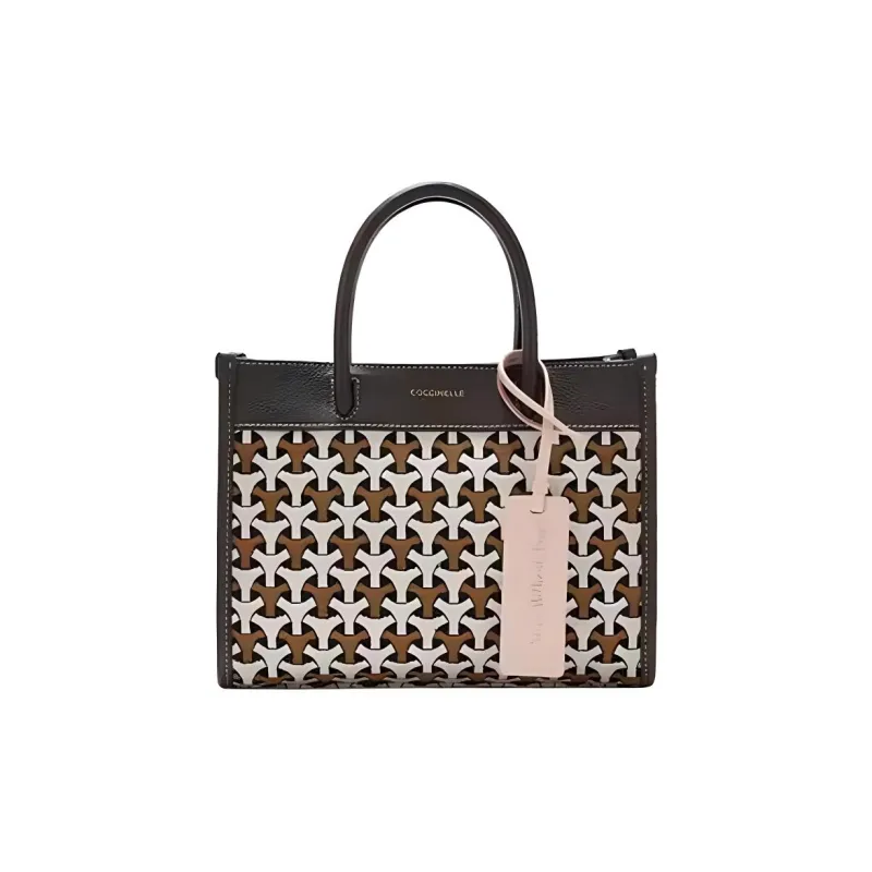 COCCINELLE Fabric Cow Leather Patchwork Tote Bag Shopping Bag Handbag Small Size Women's Bark Color-0