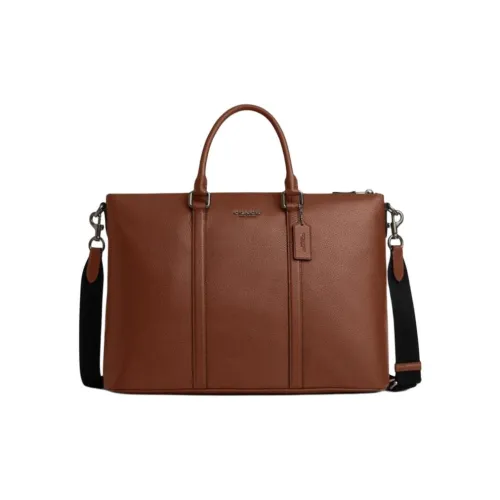 COACH Cow Leather Crossbody Bag Portable Briefcase Large Size Men's Gray Copper With Saddle Brown