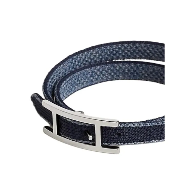 HERMES Nylon Stainless Steel Leather Bracelets Men's Navy-1